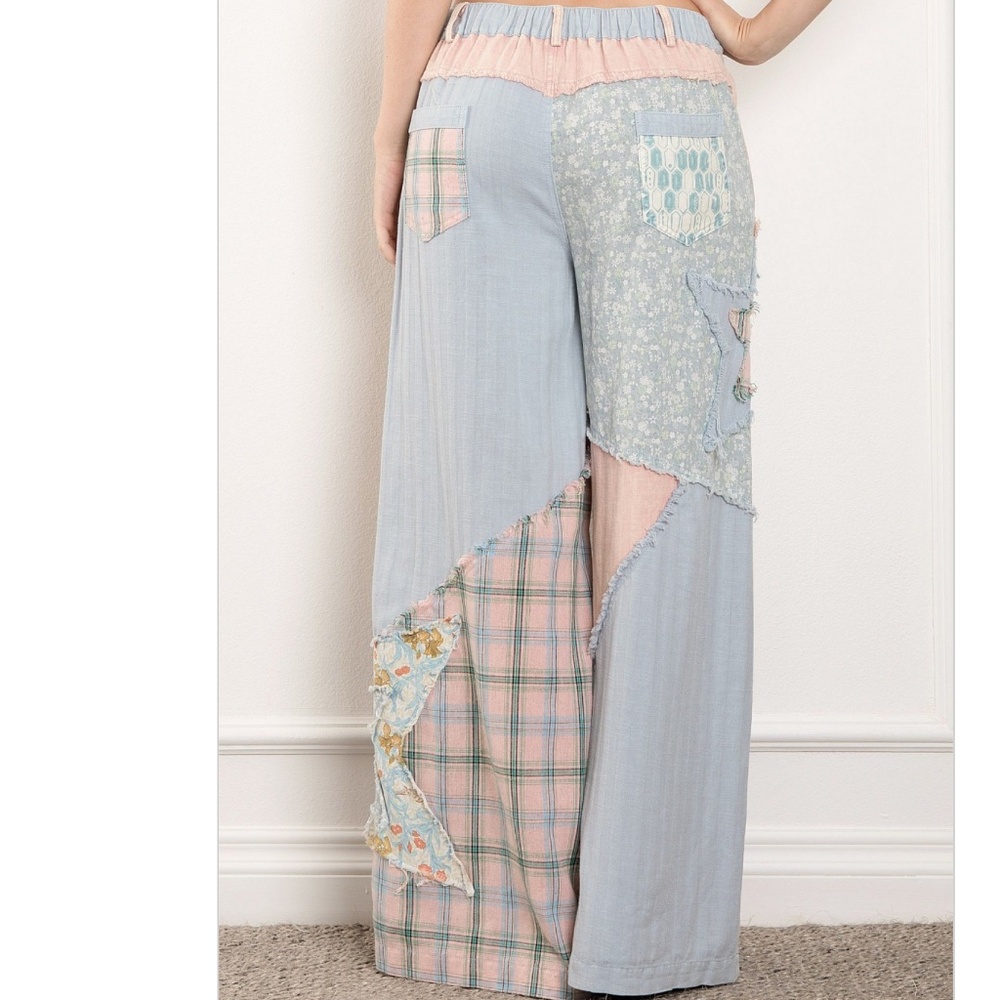 Patchwork Wide Leg Pants in Pastel Pink & Blue - Picture 4 of 7